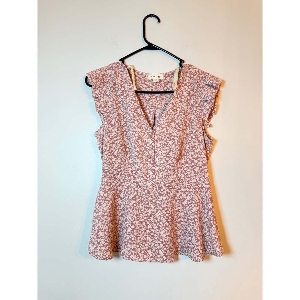 Monteau Peplum Top Women Large Mauve Floral V-Neck Ruffle Sleeve Blouse
